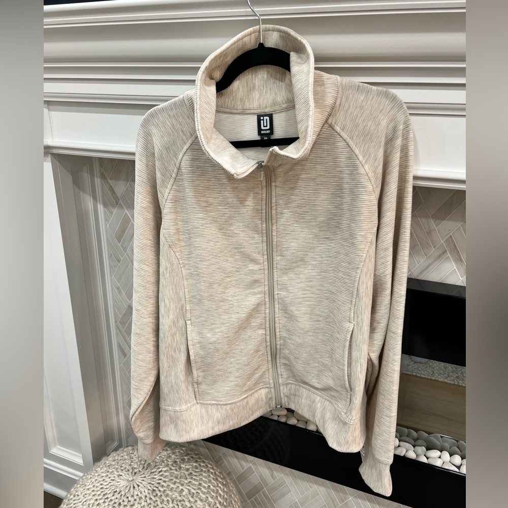 Ideology Heathered Cream Beige Ribbed Funnel Neck Zip-Up Jacket Size XXL NWT